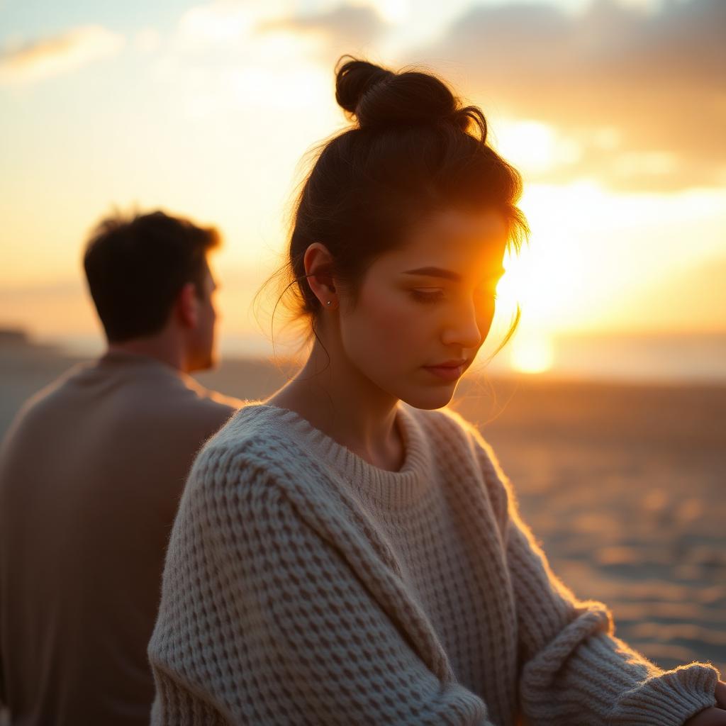 A woman sitting on the beach at sunset, processing a breakup